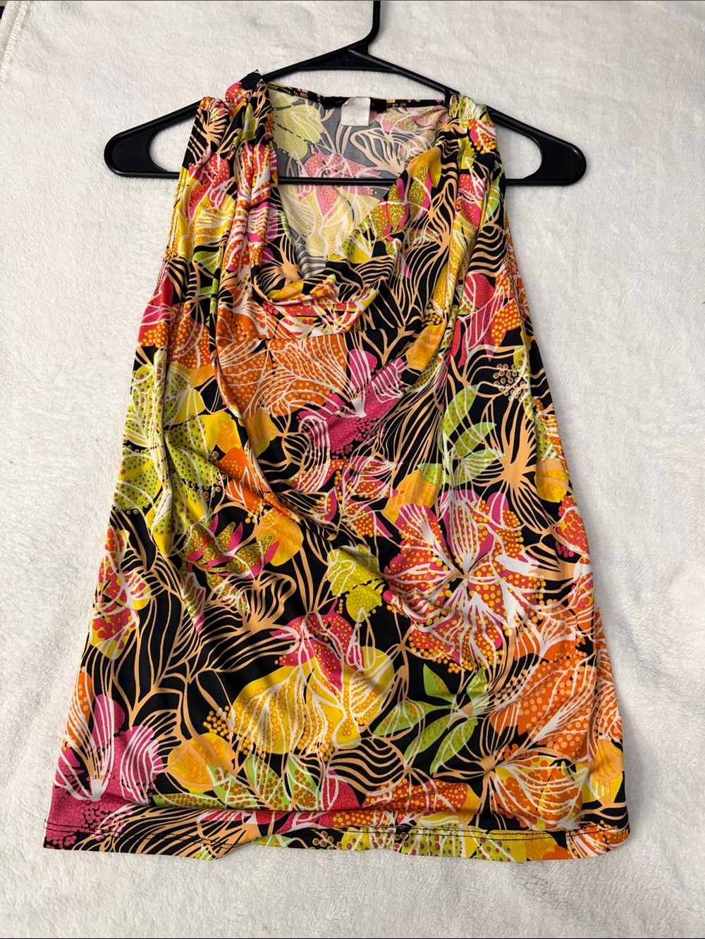 Cowl Neck Floral Swim Cover-Up in Black with Bright Multi-Color Print